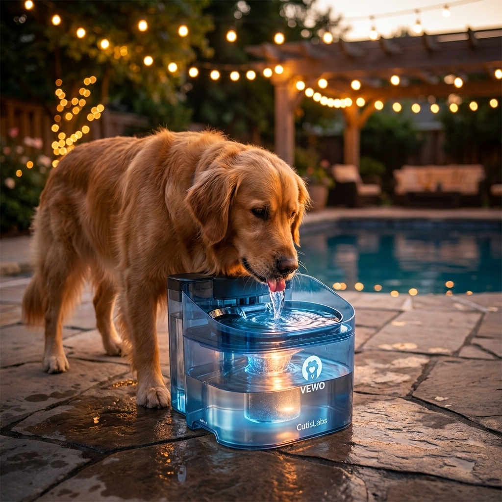 CutisLabs VEWO Fountain - Dog drinking on patio at dusk