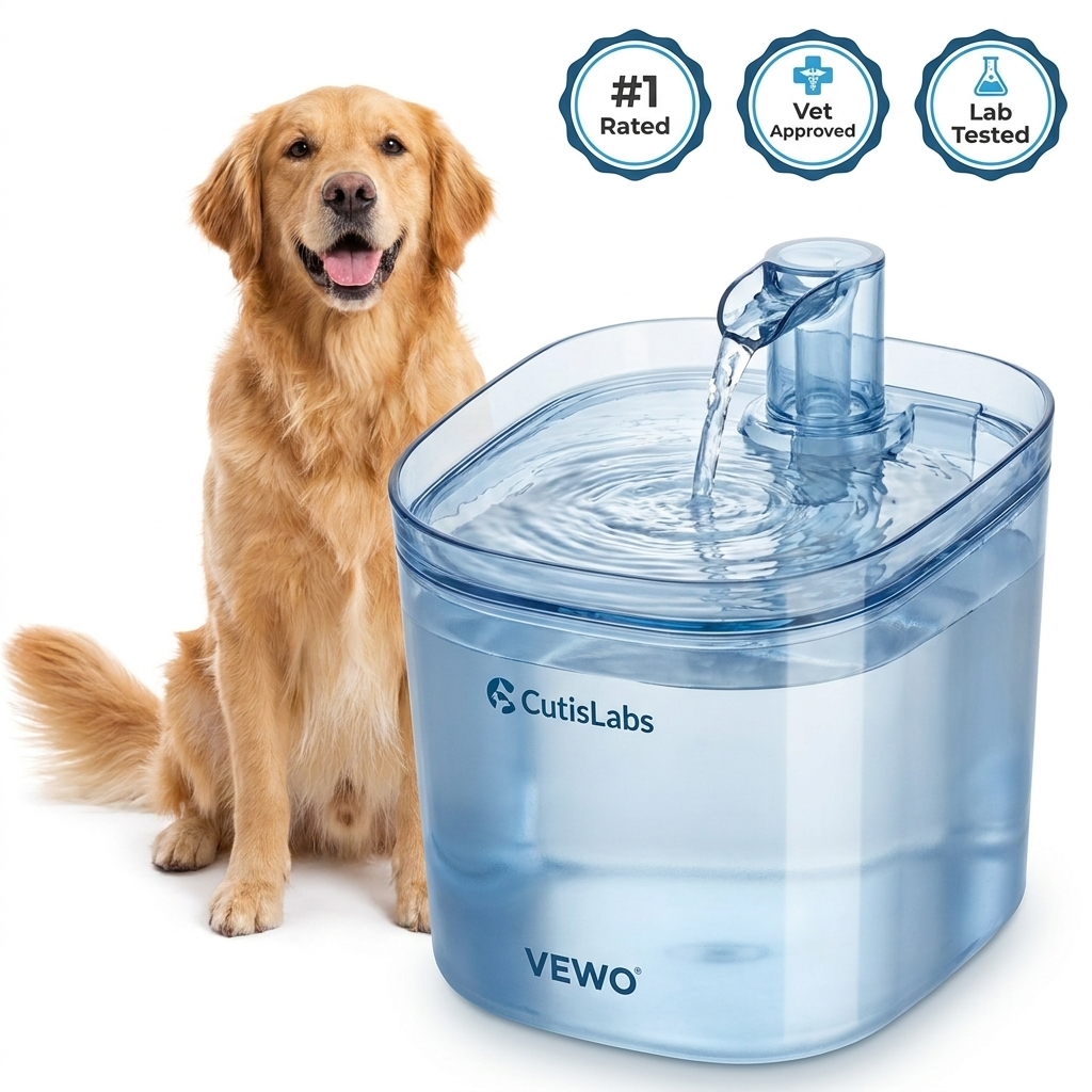CutisLabs VEWO Filtered Pet Fountain - Hero with golden retriever and trust badges
